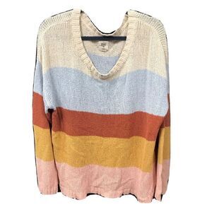 Billabong Sweater Women L Multi Striped Knit Long Sleeve Round Neck Pullover